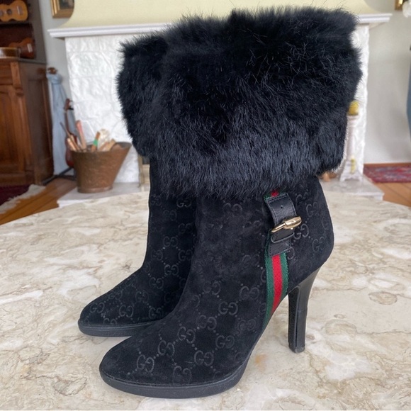 Gucci Shoes - GUCCI - GG Monogram Leather & Genuine Fur Ankle Heeled Boots - Size 8B